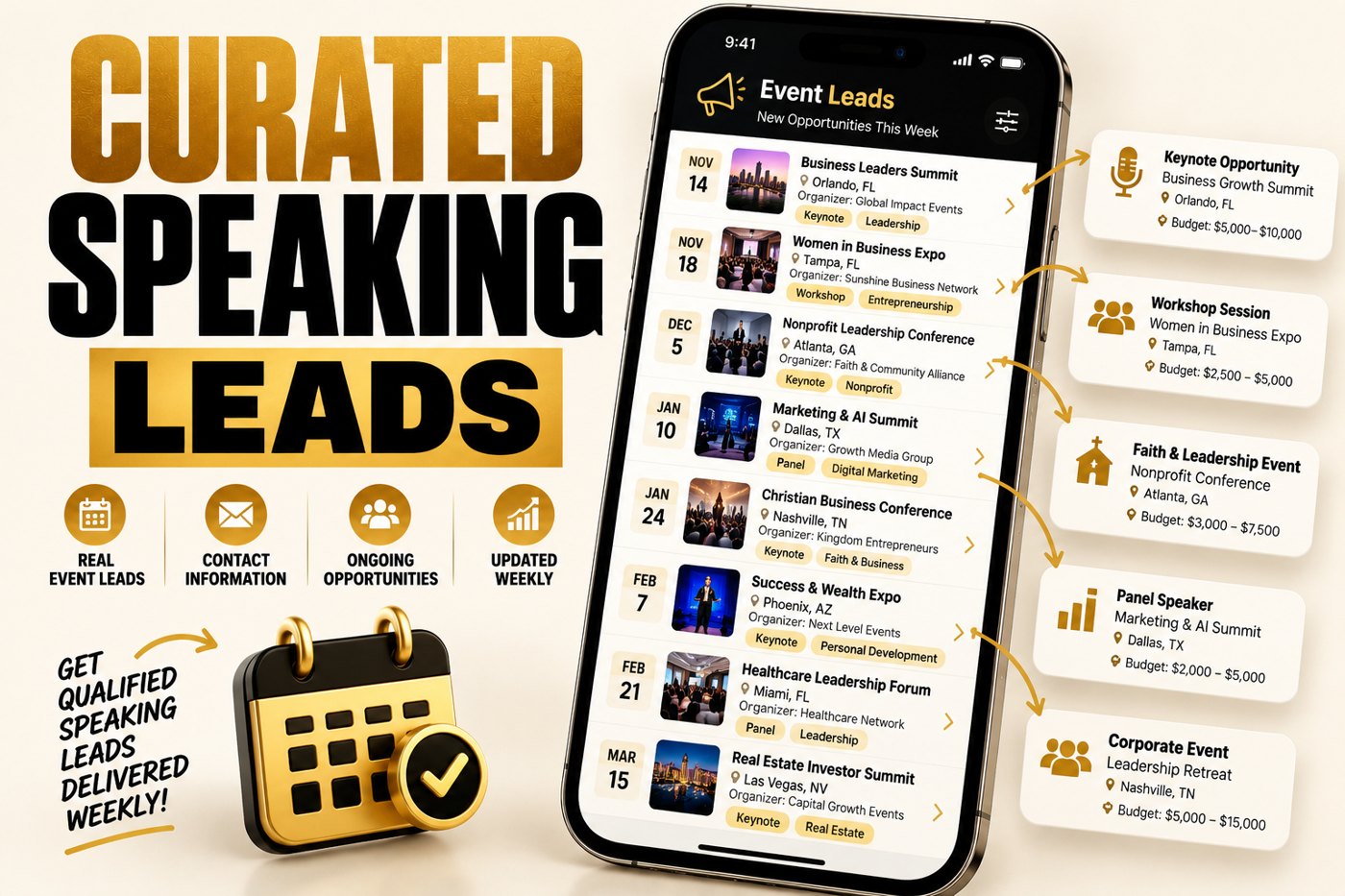 Curated speaking leads delivered to your inbox 3x a week, for the USA, Canada and UK
